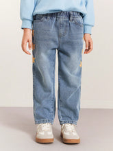 THE HAPPY LOOK Young Girls Star Print Loose Elastic Waist Blue Denim Straight Jeans